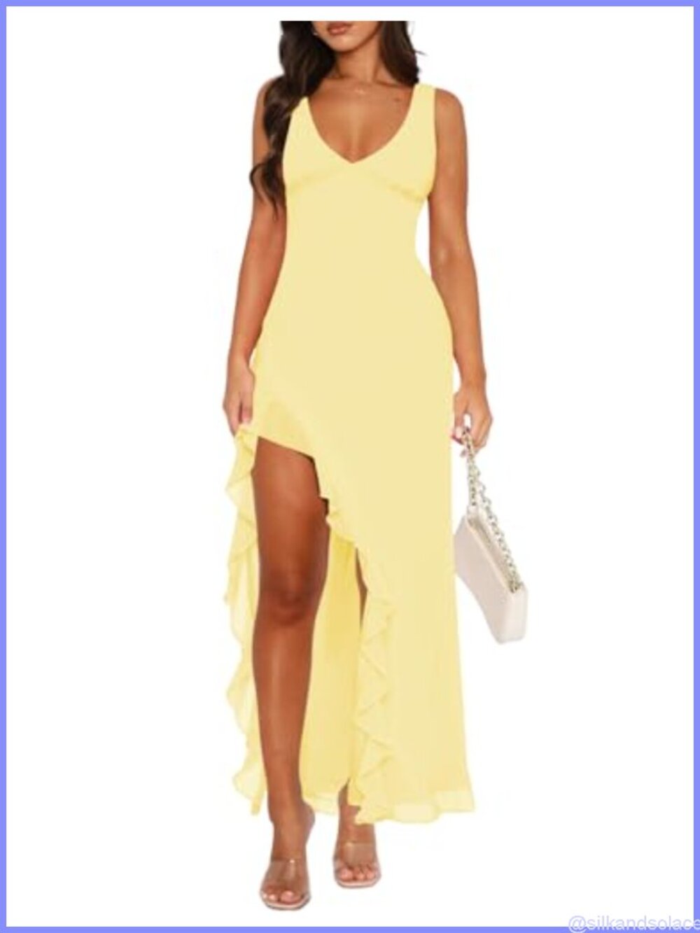 Women's Ruffle Maxi Bodycon Dress Deep V-Neck Backless Sleeveless High Slit